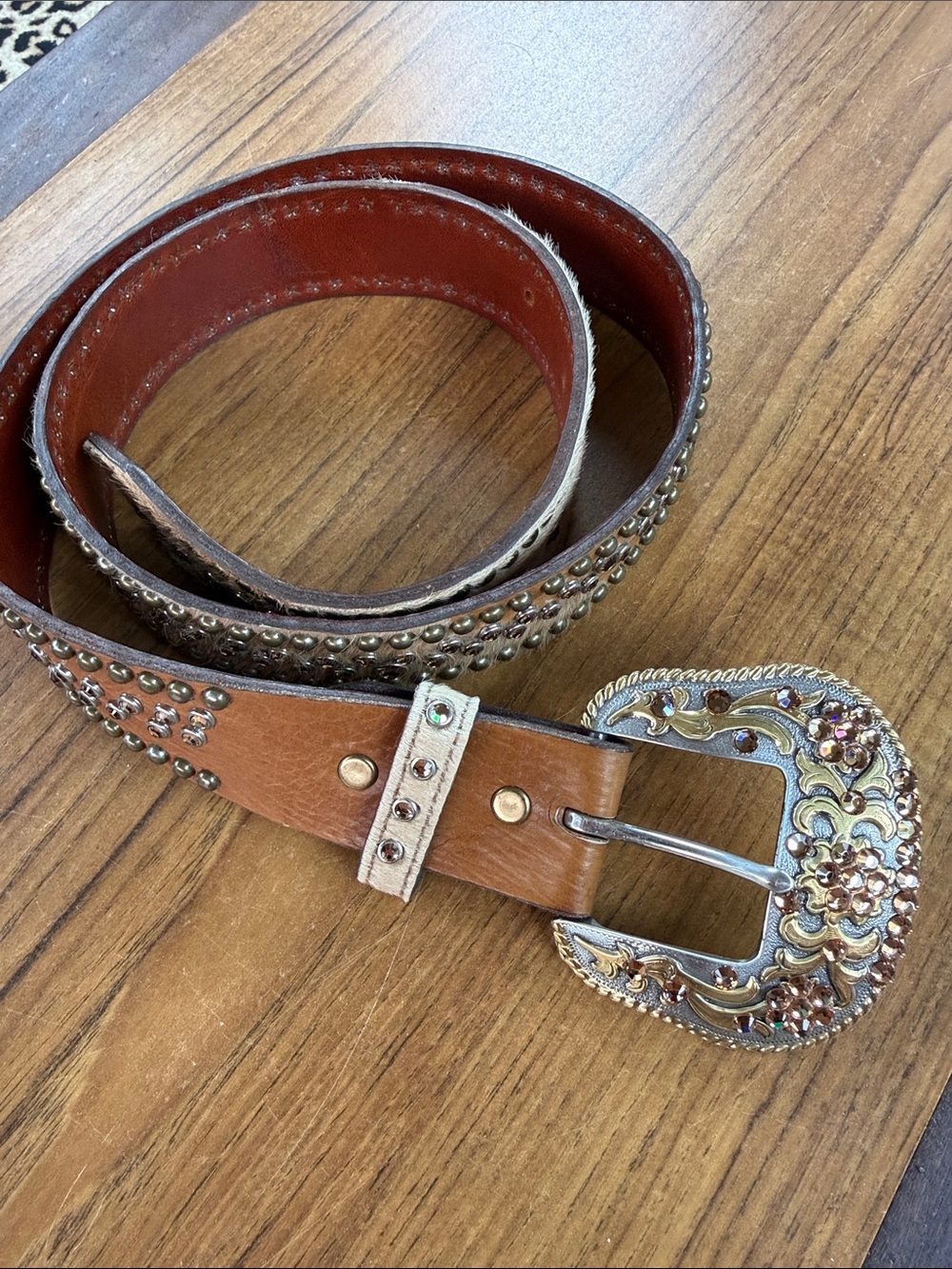 Leather Studded Western Belt with Ornate Buckle - Brown